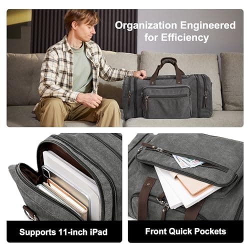 EKOROMIER 70L Large Canvas Travel Holdall for Men – Expandable Duffel Bag – Extra Spacious Weekend Bag for Holidays, Gym & Long Trips – Grey — view 5