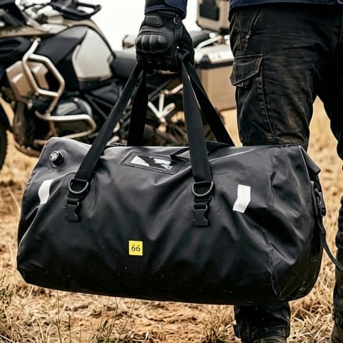 GoDyna 66L Waterproof Duffel Bag, Motorcycle Travel Heavy-Duty 500D PVC Luggage Bag with Quick-Release Fixed Straps, Reflective Roll-Top Cargo Pack for Rafting, Kayaking, Camping — view 4