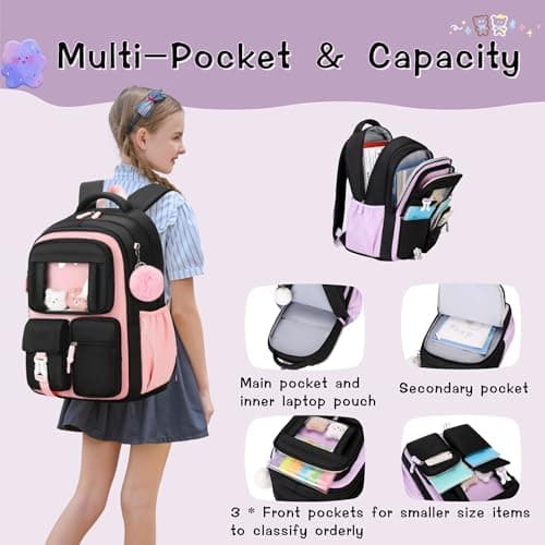 Kawaii Girls Backpack for Kids School Bag, Capacity Bookbag Rucksack for Girls Daypack, B552-Black+Purple — view 4