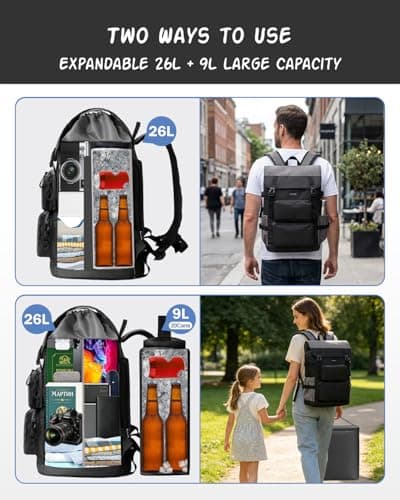 Odoland 2in1 Large Capacity Insulated Cooler Backpack - 26L Storage + 9L Insulated Cooler (20 Cans), 10H Cold Retention, Breathable Comfort, Leak-Proof, for Beach, Picnic, Work, Travel — view 4