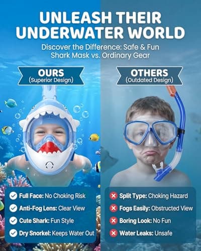 Torlaist Full Face Snorkel Mask Kids Blue Shark Designed for 5-10 Years Old - 180°Super High-Definition View, Anti-Fog, Anti-Leak, and Dry Top Function for Kids Snorkel Mask Diving — view 2
