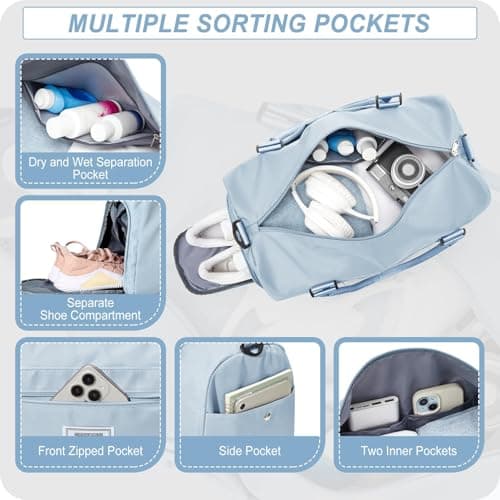 HYC00 Gym Bags Women Men Sports Duffle Bag with Shoes Compartment & Wet Pocket,Travel Duffel Bags for Women Large Weekend Overnight Holdall for Hospital Swimming Carry on Hand Luggage Bag,Sky Blue — view 3
