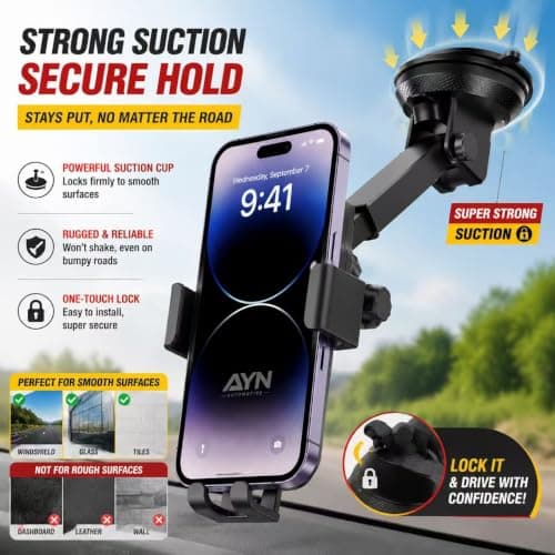 AYN Car Phone Holder, Dashboard & Windscreen Suction Mount with Telescopic Arm, 360° Rotation, One-Hand Operation, Fits 4.7–7.2-Inch Smartphones + 3-in-1 Charging Cable (Black) — view 2