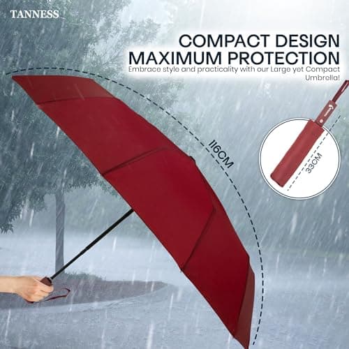 TANNESS Windproof Umbrella – 10-Rib Waterproof & Compact with Automatic Open/Close Function and Ergonomic Handle – Folding Mini - Strong for Wind and Rain (Red) — view 3
