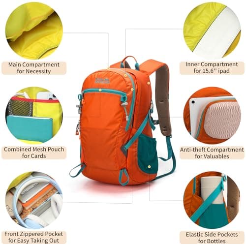 Lightweight Hiking Backpack, 30L Women/Men Waterproof Travel Rucksack Bag with Rain Cover, Outdoor Small Foldable Daypack for Student, Fit for 15.6 inch Laptop (Orange, 30l) — view 5