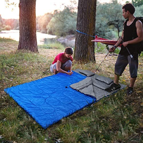 COSTWAY Double Sleeping Bag, Extra Large - 220 x 150 cm - Converts into 2 Singles, Waterproof Sleeping Bag with Free Pillows and Carrying Bag for Camping, Hiking (Blue) — view 5