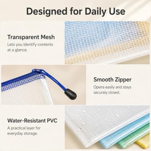 Solvind 10 Pack B8 Plastic Mesh Zipper Bags, Waterproof Zip File Folders, Small Document Storage Pouches for Office Home Travel Stationery Organisation, Multicolour — view 4
