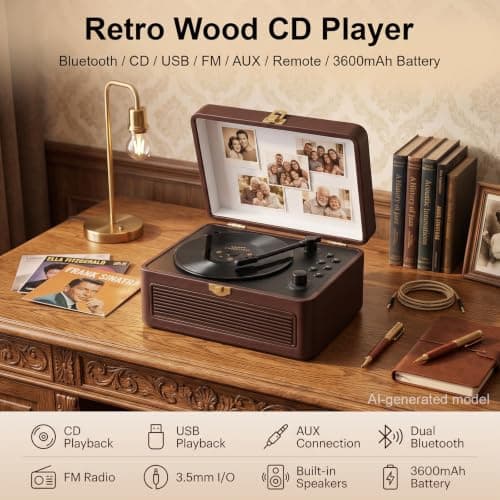 Gueray Portable Leather CD Player Bluetooth with Speakers 3600mAh Battery — view 2