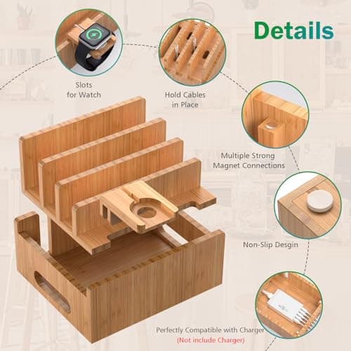 Bamboo Charging Station Desk Organizer, 4 Slot Device Organizer-Natural — view 2
