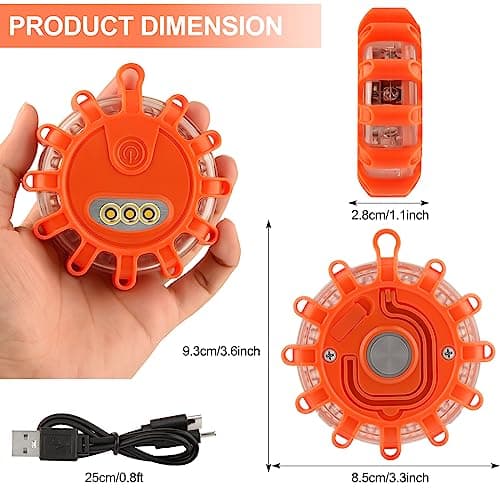 Amzpas USB Rechargeable LED Road Flares Emergency Lights-Roadside Warning Car Safety Beacon Flashing Disc Flare Kit with Magnetic Base & Hook for Vehicles & Boat(3 Pack-Orange Light) — view 4