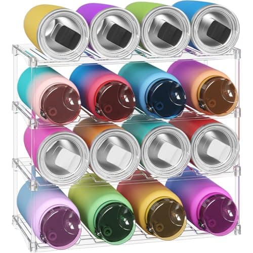 Lifewit Stackable Water Bottle Storage Organiser, Wine Bottle Holder for Cupboard, Plastic Large Compartment Tumbler organiser, Clear Wine Rack, Mug Cup Holder for Kitchen Storage, 4 Tier Hold 16
