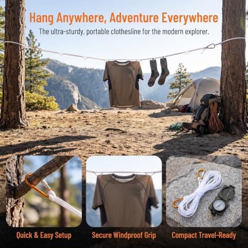 Portable Travel Clothesline with Gold Hooks, Windproof Rope — view 3