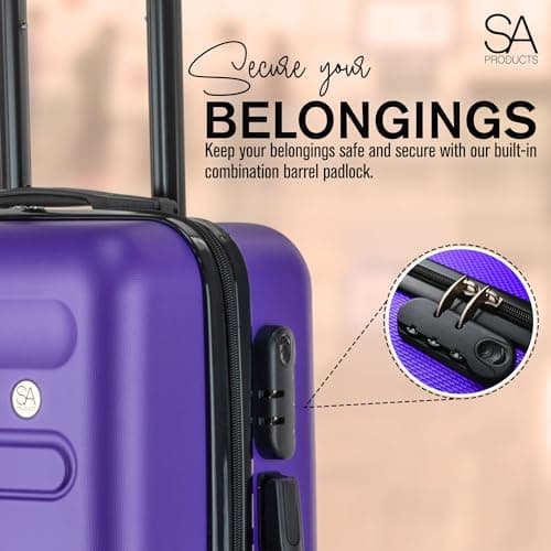 SA Products Cabin Suitcase | 34L Carry On Suitcase, Cabin Bag 55x40x20 with Combination Lock | Hard Shell Suitcase with 4 Wheels Cabin Luggage, Cabin Bags 55 x 40 x 20 Approved (Purple) — view 3