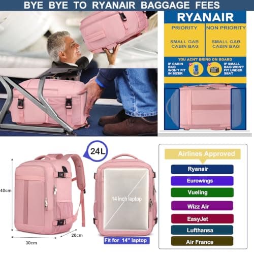 for New Ryanair Cabin Bags 40x30x20 Underseat Small Travel Backpack, Pink — view 2