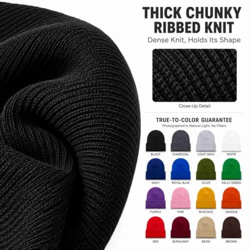 RubyTint Black Ribbed Knit Beanie, Stretch-Fit Unisex Soft Skull Cap — view 6