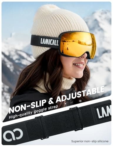 Lamicall Ski Goggles, Skiing Goggles - 【HD Spherical Lens】 Anti-fog Snow Snowboard Goggles with Wide OTG Over Helmet Compatible, UV400 Protection for Men & Women - Black Frame - Gold — view 4