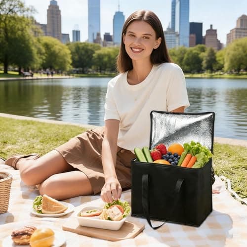 2 Pack Insulated Cooler Bags, Medium Thermal Lunch Bag for Hot Food Delivery with Dual Zippers, Reusable Foldable Picnic Tote for Camping BBQ Beach Grocery Shopping (30x25x25cm Black) — view 6