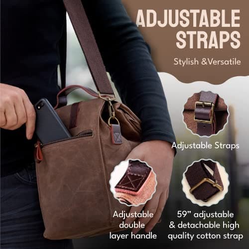 ASEBBO Insulated Lunch Bag for Men, Women - 10L Waxed Canvas Cool Bag with Genuine Leather Handle and Strong Buckle Closure, Reusable Lunch Cooler Bag for Adults Work School Picnic Food (Brown) — view 4