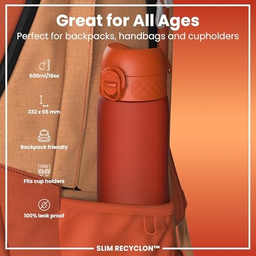 Ion8 Water Bottle, 500 ml/18 oz, Leak Proof, Easy to Open, Secure Lock, Dishwasher Safe, BPA Free, Hygienic Flip Cover, Carry Handle, Fits Cup Holders, Easy Clean, Carbon Neutral, Hearty Orange — view 2