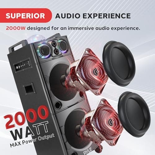 Pyle Portable PA System, Active PA- Speakers, PA Systems- With Wireless Microphone, DJ- Bluetooth Speaker, 2000W Karaoke - Outdoor Speaker System With Lights, USB Input SD Card/AUX/RCA/FM/Radio — view 2