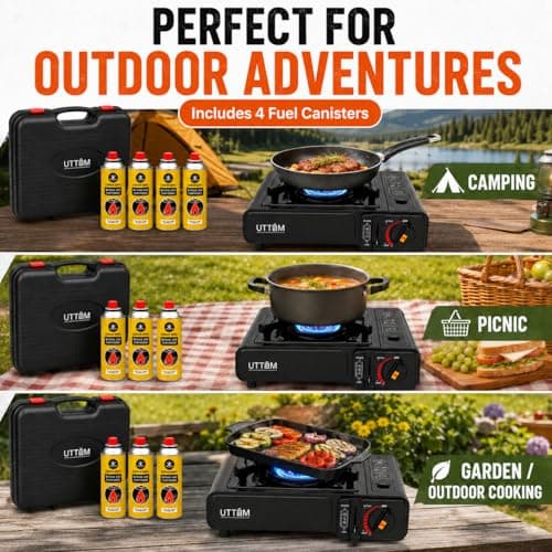 UTTAM Black Portable Camping Stove with Carry Case | Gas Camping Stove with Automatic Ignition & Heat Control (Includes 4 Butane Gas Cylinders) — view 6