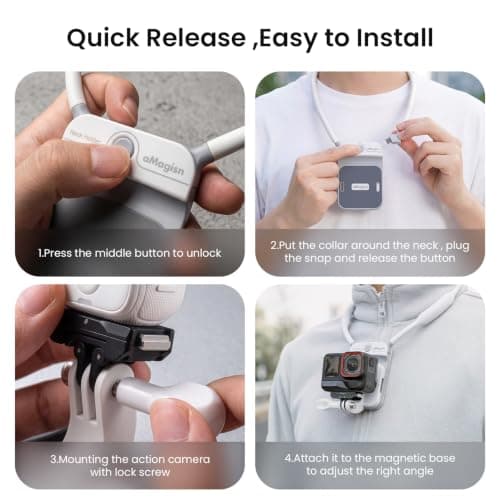 aMagisn Magnetic Chest Mount for Action Camera,Hand-Free POV Neck Mount for GoPro Hero 13/12,DJI Osmo Action 6/5Pro /4, Insta360 X6/X5/Ace Pro 2,Action Camera Accessories for Vlog,Sports Travel-White — view 3