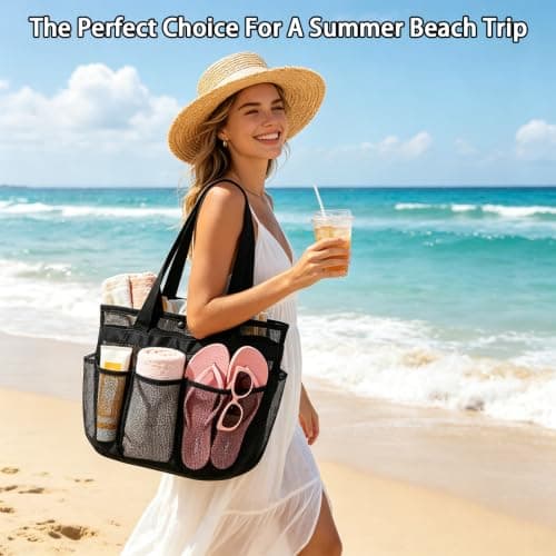 Ehuixinsheng Black Mesh Beach Bag,Lightweight Foldable Quick Dry Summer Net Beach Bag Handheld Hollow Mesh Tote Bags for Women for Family Holiday Travel Picnic Swimming Pool Grocery Organizer — view 6