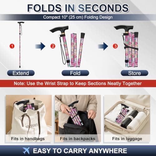 supregear Walking Stick - Adjustable Folding Walking Sticks for Women and Men - Lightweight Portable Collapsible Balancing Aid - Foldable Travel Cane for Ladies Elderly Adults, Pink Floral — view 4
