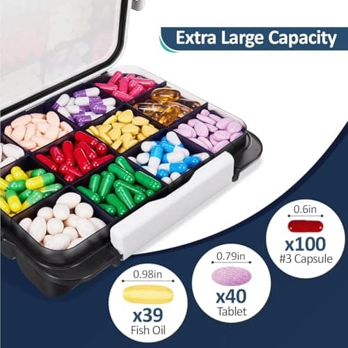 Fullicon Extra Large Pill Box Organiser with 12 Compartments, Large Travel Pill Box for Supplement with 3 Secured Buckles, Daily Moisture Proof Vitamin Box with Removable Dividers (Black) (Pack of 2) — view 2