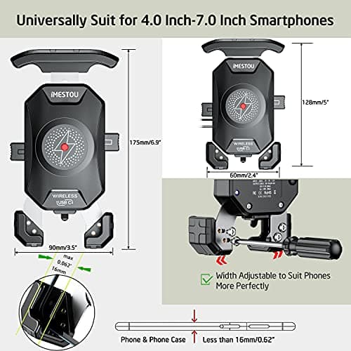iMESTOU Anti-Theft Motorcycle Wireless Phone Mount Charger 15W & USB C 3A Handlebar 1" Ball Stem Phone Holder Works with 12V/24V Vehicle/USB Socket 720 Rotation Quick Charge for 4.0-7.0" Cellphones — view 6