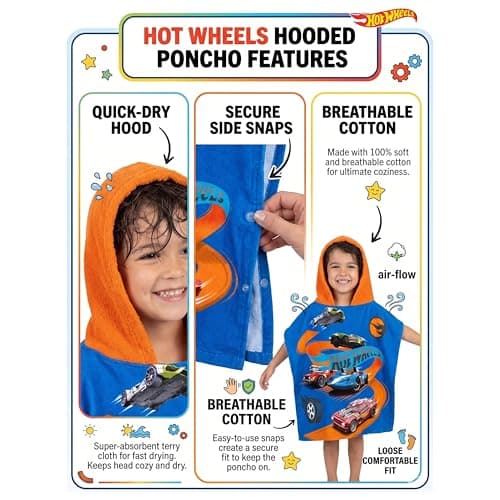 SRV Hub Hot Wheels Kids Hooded Towel Poncho 120x60cm | Boys Bathrobe for Swimming Pool, Surf & Beach | Soft Cotton Changing Towel for Ages 3-6 | Summer Car-Themed Fun — view 3