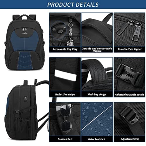 Extra Large Backpack for Men 55L,18.4 Inch Travel Laptop Rucksack with USB Charging Port Business Flight Approved Carry On Backpack,TSA Big Capacity Heavy Duty Computer Bag College School Bookbag,Blue — view 4