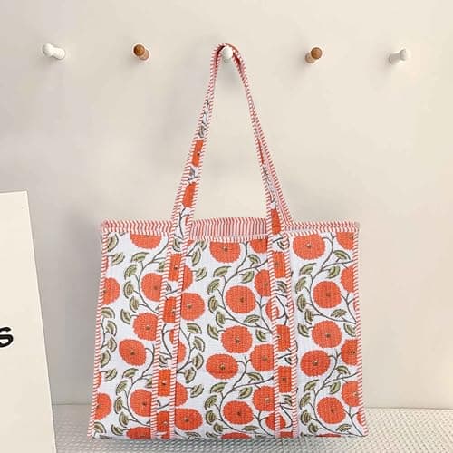 scorpionbliss Indian Cotton Quilted Tote Bag Women shoulder Bag Carry, shopping Beach Bag Summer Holiday Essentials Shopping Travel Bag with Pockets Handbags for Women (Orange-Flower) — view 3