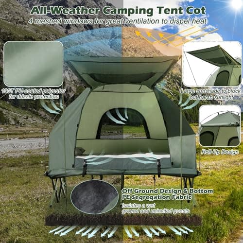 TANGZON 1/2 Person Foldable Camping Tent, Elevated Tent Cot with Bedding Set, Air Mattress, Foot Pump and Carry Bag, Waterproof & UV Protection Dome Tent for Picnic Hiking Backpacking (194x145x187cm) — view 4