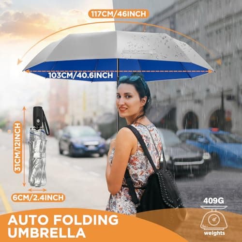 NINEMAX UV Umbrella for Sun Protection UPF 50+, Sun Umbrella UV Protection, Travel Compact Brolly Solar Blocking Reflective Windproof Auto Open Close,46 Inch (Silver Blue) — view 3