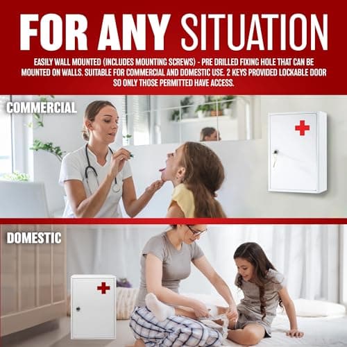 First Aid Medical Cabinet Safe Storage Box with Lock & Key - Use at Home, Bathroom, Office, School, Lab Medication Kit | Wall Mounted With Fixings Included | Lockable, Child Proof & Comes With 2 Keys — view 3