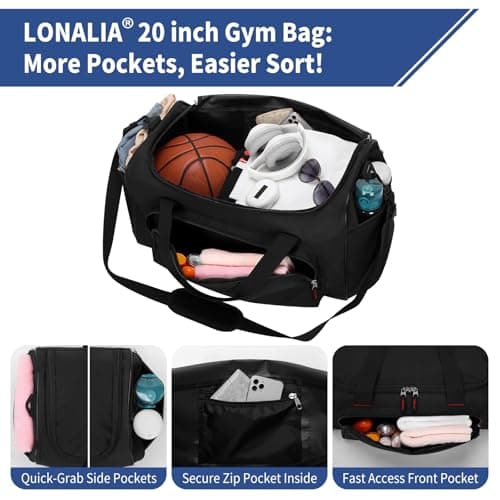 LONALIA 45L Sports Holdall Bags for Men, Gym Duffle Bag, Black — view 3