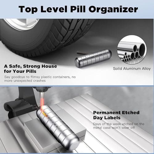 Metal Pill Organizer Weekly,Stackable Waterproof Travel Pill Box,Travel Hiking 7 Day Pill Box Case,Date Display,Large Compartment to Hold Pills, Vitamins,Fish Oil, Supplements (Dark Grey) — view 5