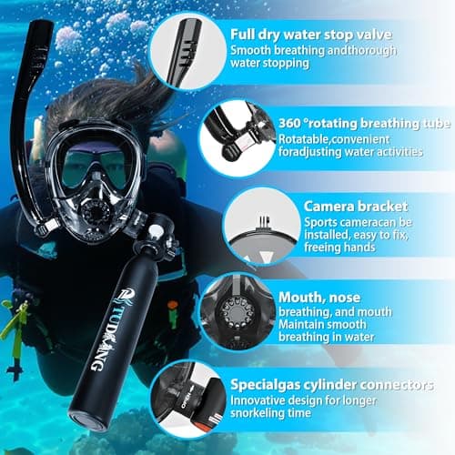 TUDIVING-0.5L Portable Mini Scuba Tank with Pump,Diving Oxygen Cylinder with Full Face Snorkel Mask,Lung Tank Kits for Underwater Diving Breathing Training/Rescue/Boat Cleaning — view 3
