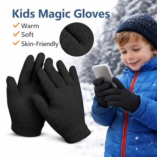 WickedFun Kids 6/12 Pairs Winter Magic Gloves, Boys & Girls Soft Warm Cozy Stretch Full Finger Knit Gloves For Cold Weather School Use, Outdoor Play, Cycling & Travel – Age 4–10, (Pack Of 6 - Black) — view 6