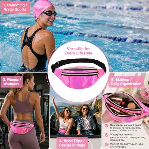 BAIYSFFG Metallic Fanny Pack Fashionable Waist Bag Waterproof Belt Bags Unisex Fashion Waist Casual Travel Bum Bag with 3 Zipper Pockets for Women Men Sports Running Hiking Jogging (Pink) — view 5
