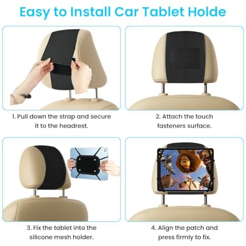 URAQT Upgraded Car Headrest Mount Holder, Tablet Holder for Kids in Back Seats, Anti-Slip Strap and Holding Net, for 7-11-inch iPad mini/Air/Pro, Switch, Galaxy Tabs, and iPhones — view 4