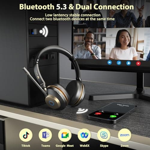 Wireless Headset, Bluetooth Headset With Microphone Noise Canceling & USB Dongle, On Ear Headphones with Charging Dock & 45hrs Working Time for Computer/Mobile Phones/Ms Teams/Skype/Zoom/Office — view 3