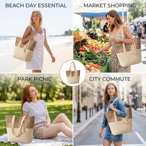 QhgPnt Straw Woven Beach Shoulder Bags, Straw Beach Bag with Zip Closure, Summer Bags for Foldable Women, Straw Bags for Travel Vacation Shopping Picnic, Straw Bags Summer Bag for Outdoor Use — view 2