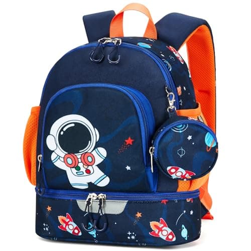 PROTAURI Toddler Backpack Boys with Chest Strap, Kids Backpack Reflective with Insulated Compartment & Coin Purse, School Bags Waterproof for 2-6 Years, 11.5L, Astronaut