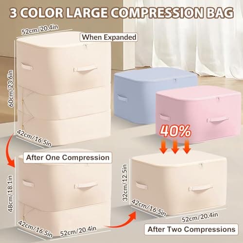 3 Pcs Large Space Saving Self Compression Storage Bag, Duvet Storage Bag, Storage Bags with Handles & 3-layer zipper, Large Capacity Clothes Boxes for Bedding, Clothes, Duvets, Pillows (L 52x42x60cm) — view 2