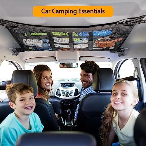 Car Ceiling Cargo Net with 3 Pockets,35.4"x23.6" Car Overhead Storage Mesh Organizer,Double Layer Roof Mesh Camping Overlanding Gear Must Haves Cargo Net,Road Trip Essentials (35.4"x 23.6") — view 4