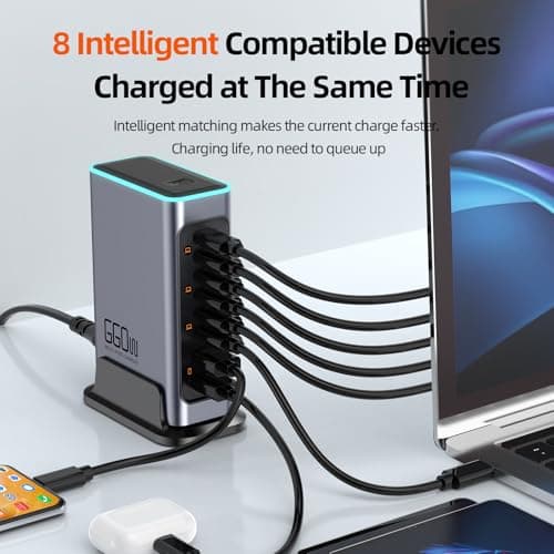 660W USB C Charger 8-Port Fast GaN Charger 140W/100W/30W USB C Charging Station with Colorful Lights Multi Port Power Adapter for Laptop, MacBook Pro, Dell XPS, iPad, iPhone, Samsung — view 2