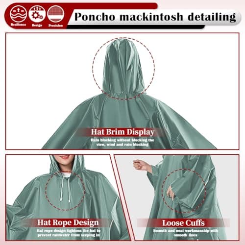 CHGANG Waterproof Poncho Adult, Reusable Rain Poncho Lightweight Waterproof Raincoat Emergency with Hood for Outdoor Hiking Camping Cycling Traveling (Green) — view 4