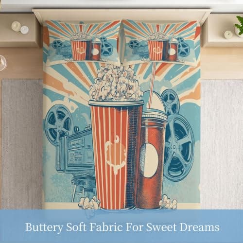 Small Double Fitted Sheet 122 x 190 cm, Retro Cinematic Popcorn Soda Film Projector Reel Microfiber Fitted Sheets with Deep Pocket 30cm, Soft Breathable Bed Sheets, Bed Sheet for Children Adult, Beige — view 4